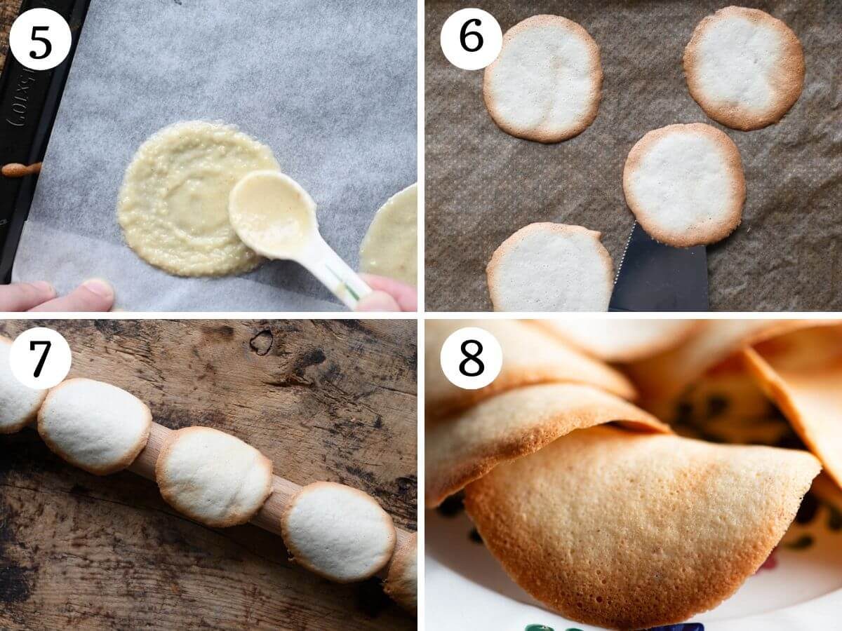 Four photos in a collage showing how to spread out cookies and bake them.