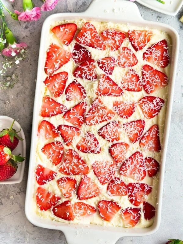 An overhead shot of a strawberry tiramisu