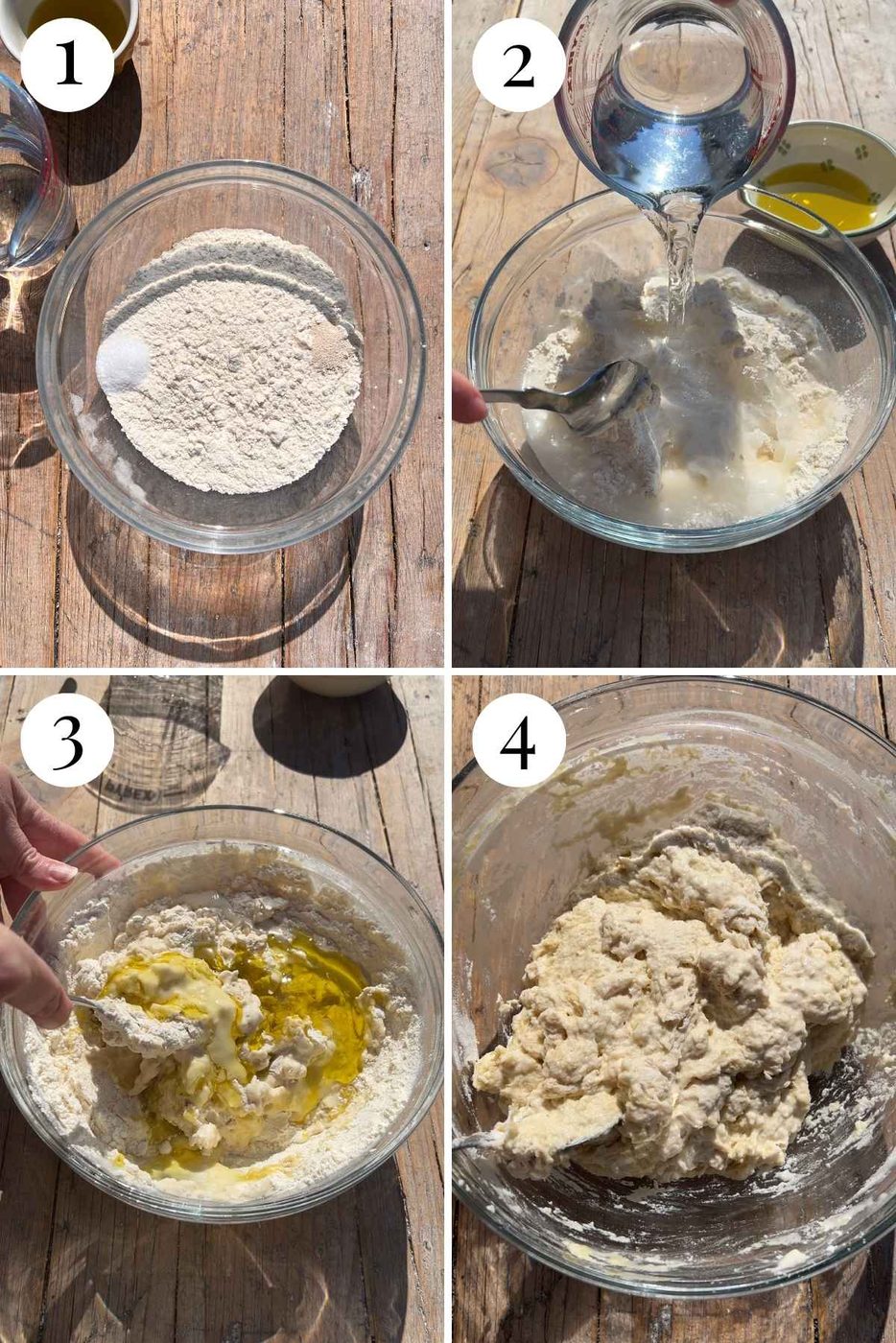 Four images in a collage showing flour, salt and yeast in a glass bowl getting mixed with water and olive oil.