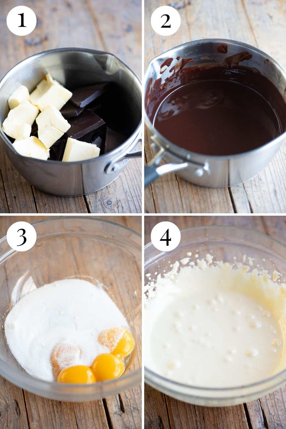 Four photos in a collage showing how to melt butter and chocolate and whisk eggs and sugar together.