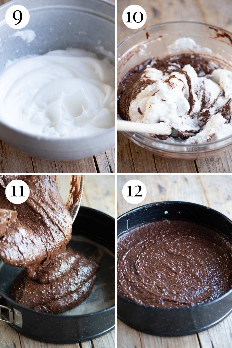Four photos in a collage showing how to fold egg whites into cake batter.