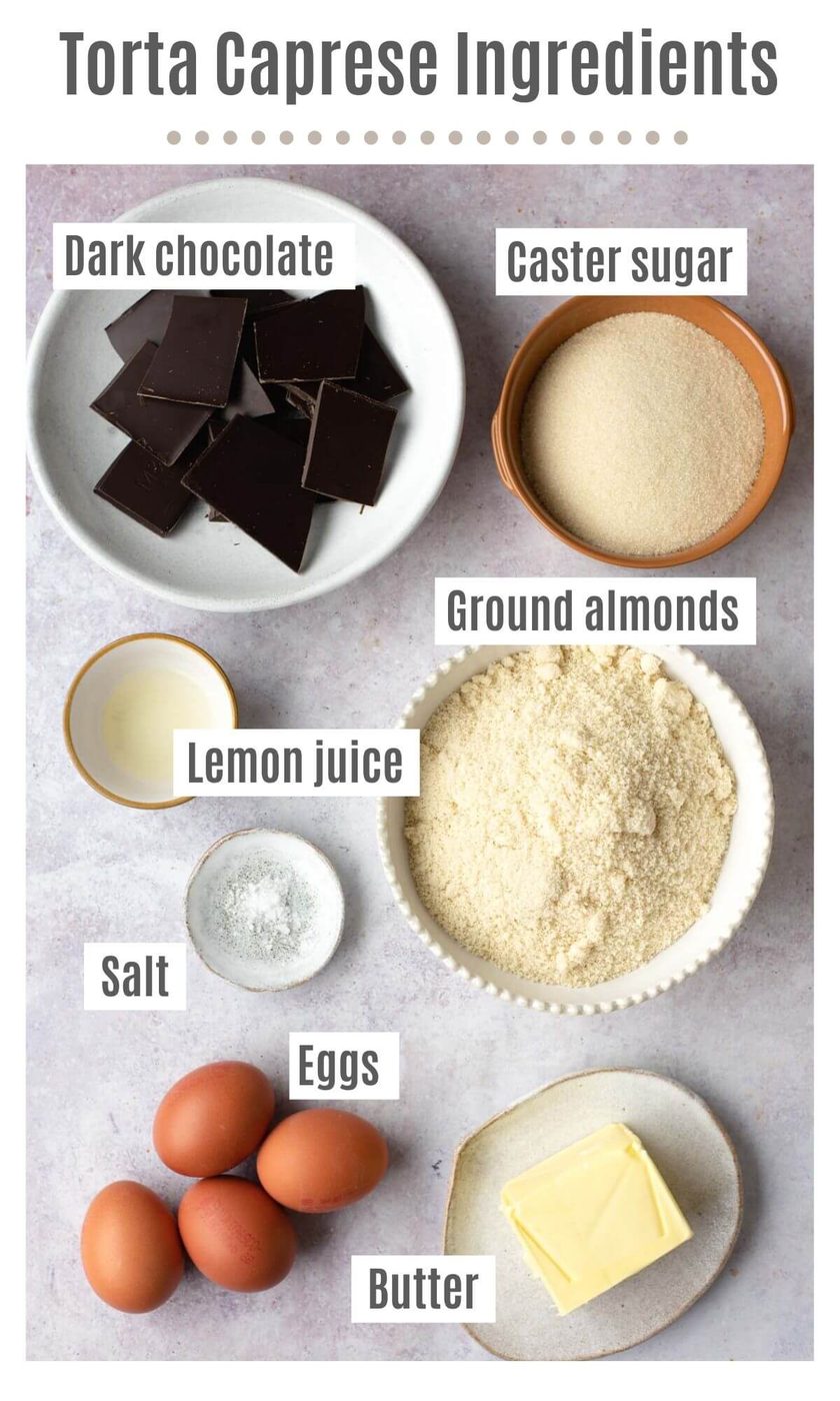 An overhead shot of all the ingredients you need to make a Torta Caprese