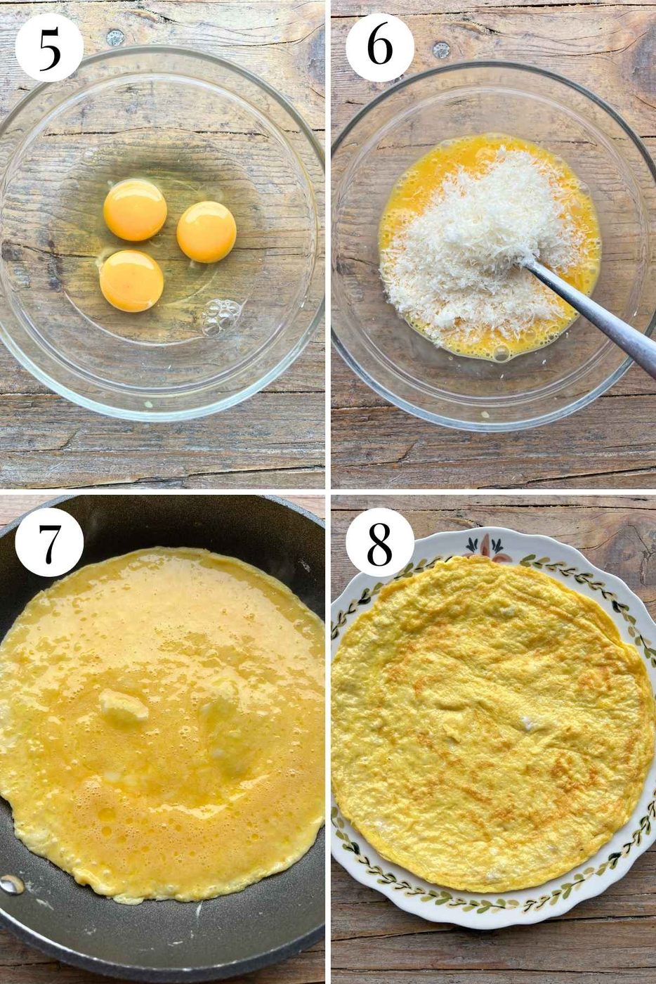 Four photos in a collage showing how to make a cheesy omelette.