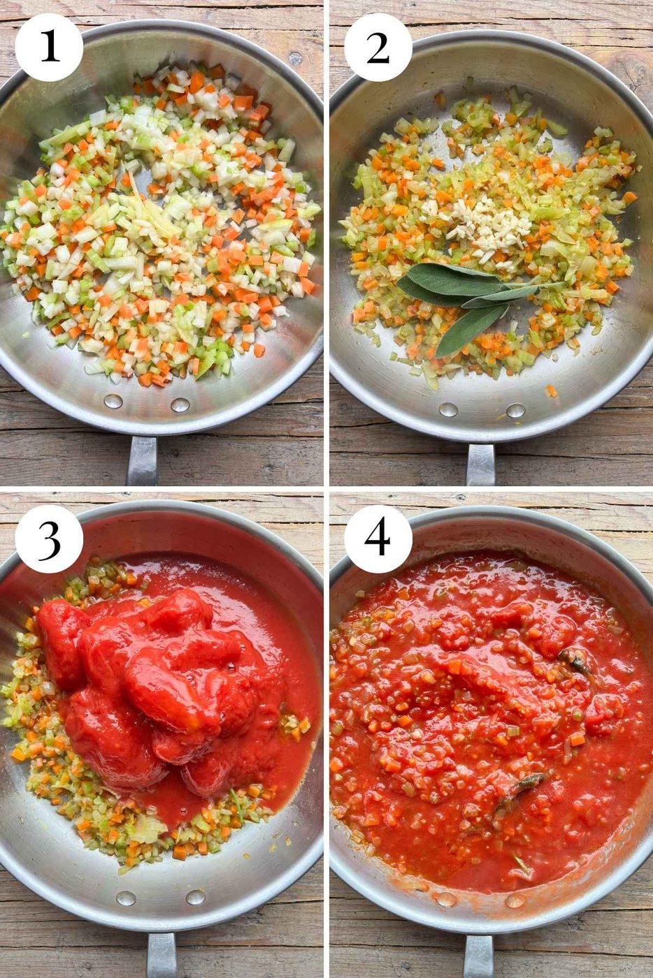 Four photos in a collage showing how to saute vegetables and add canned plum tomatoes to make a sauce.