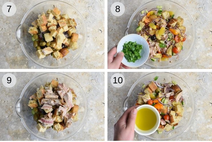Step by step photos for making a tuna panzanella salad