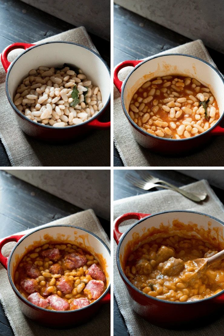 Step by step photos on how to make Tuscan Bean Stew, plus Sausages