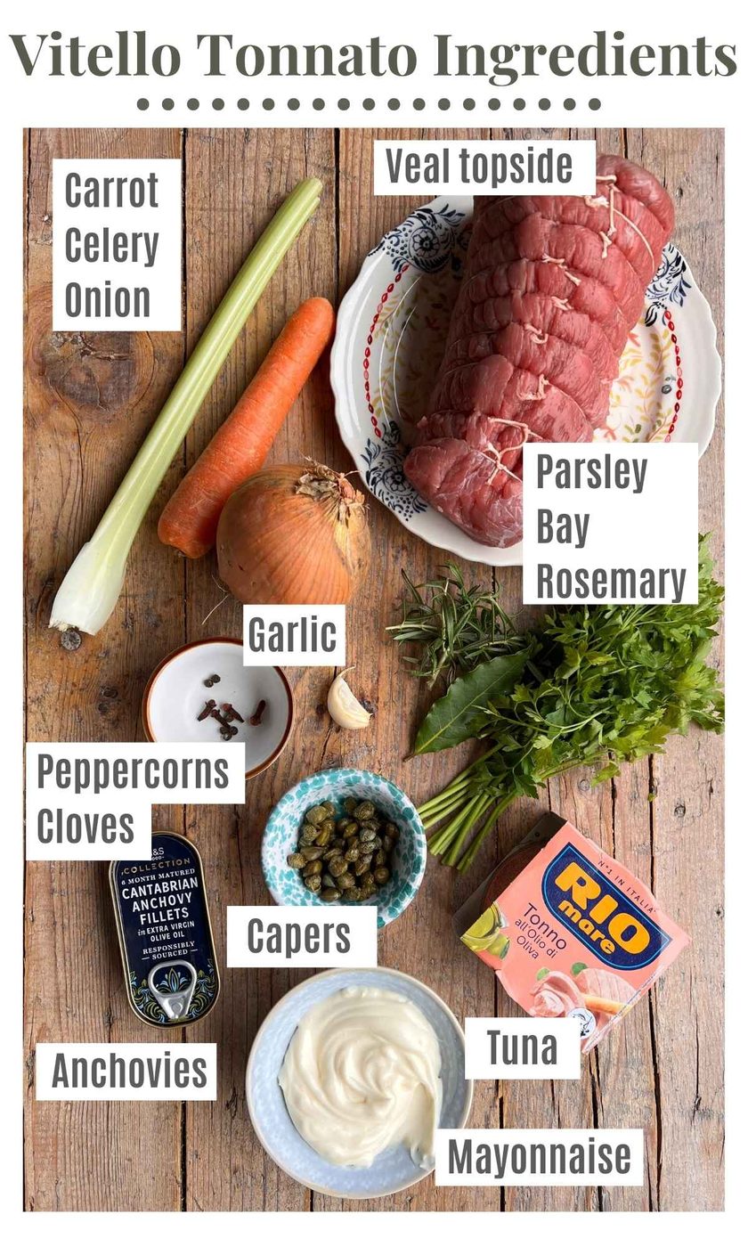 An overhead shot of all the ingredients needed to make Vitello Tonnato.