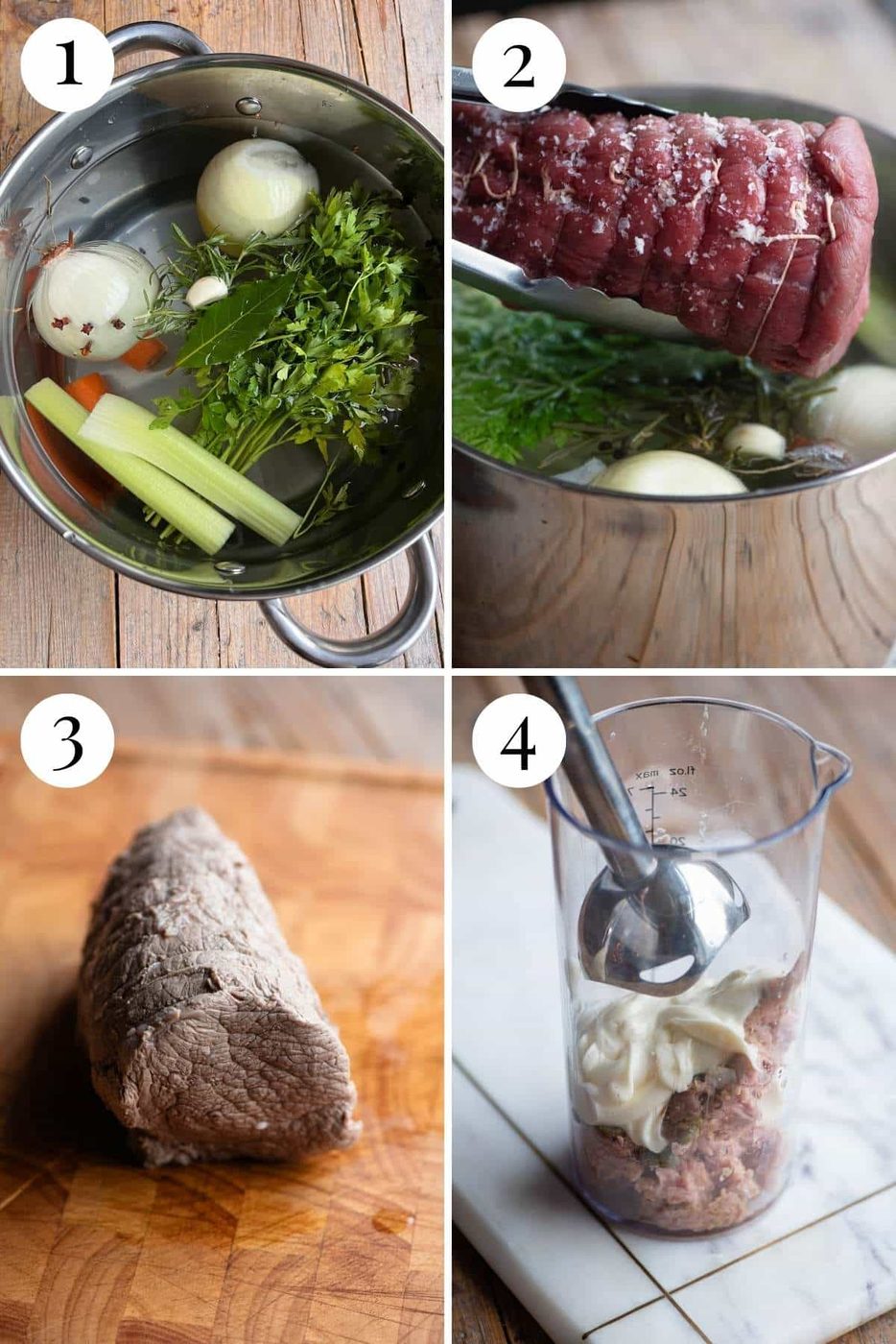 Four photos in a collage showing how to make vitello tonnato.
