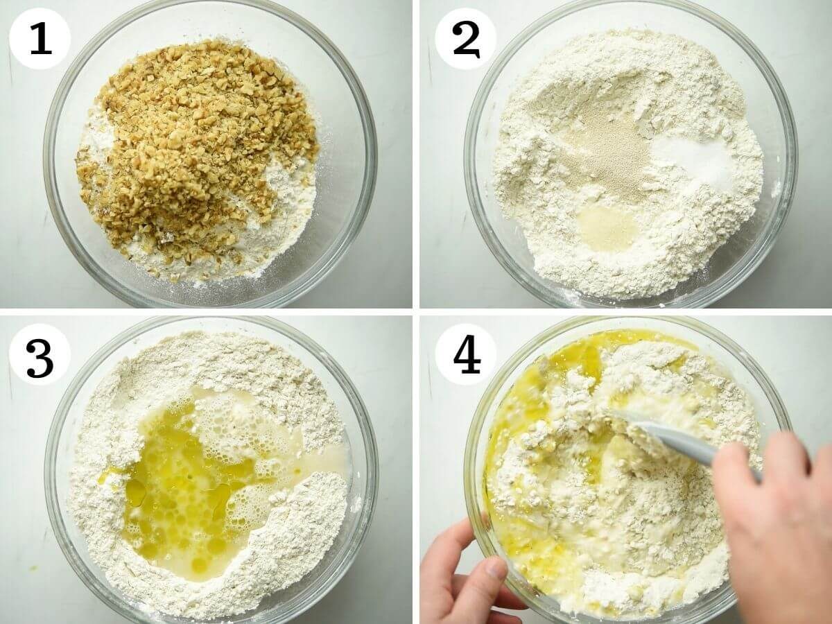 Step by step photos showing how to prepare walnut focaccia dough