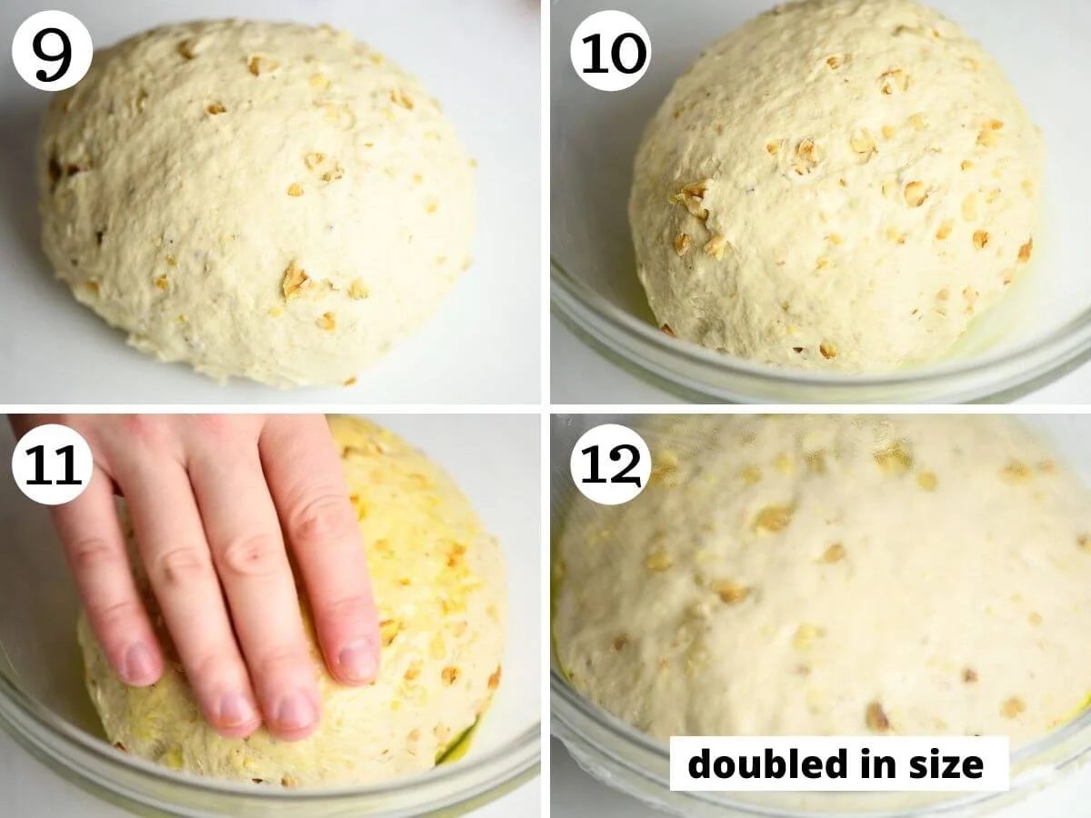 Step by step photos showing what focaccia dough looks like before and after proofing