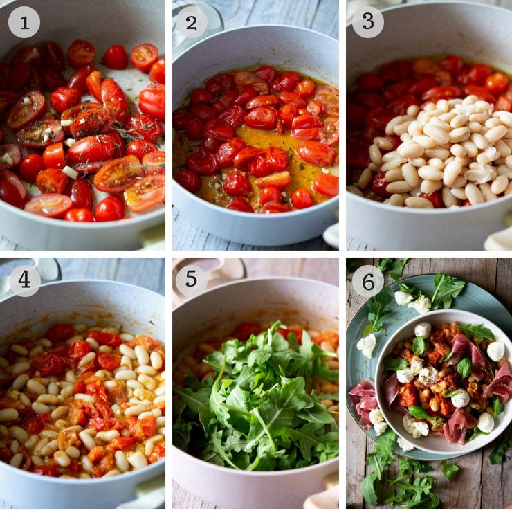 Step by step photos for making a warm white bean salad