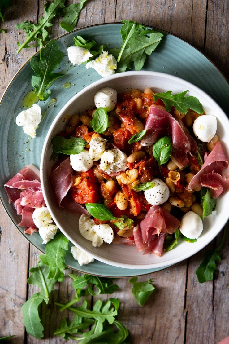 Warm White Bean Salad – Tomato, Prosciutto & Baby Mozzarella