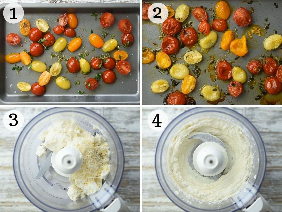 Step by step photos showing how to make a Whipped Ricotta Dip, plus Roasted Tomatoes