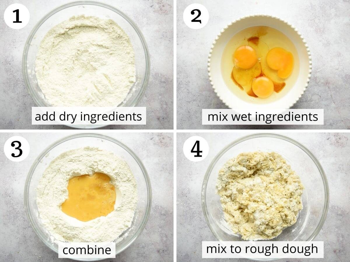 Step by step photos showing how to mix wet and dry ingredients to make biscotti