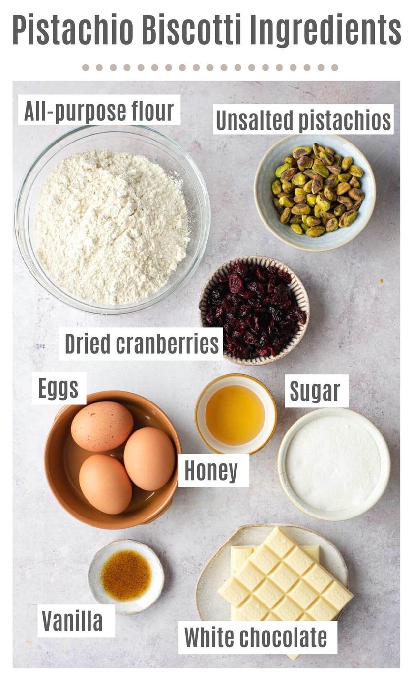 An overhead shot of all the ingredients you need to make cranberry and pistachio biscotti