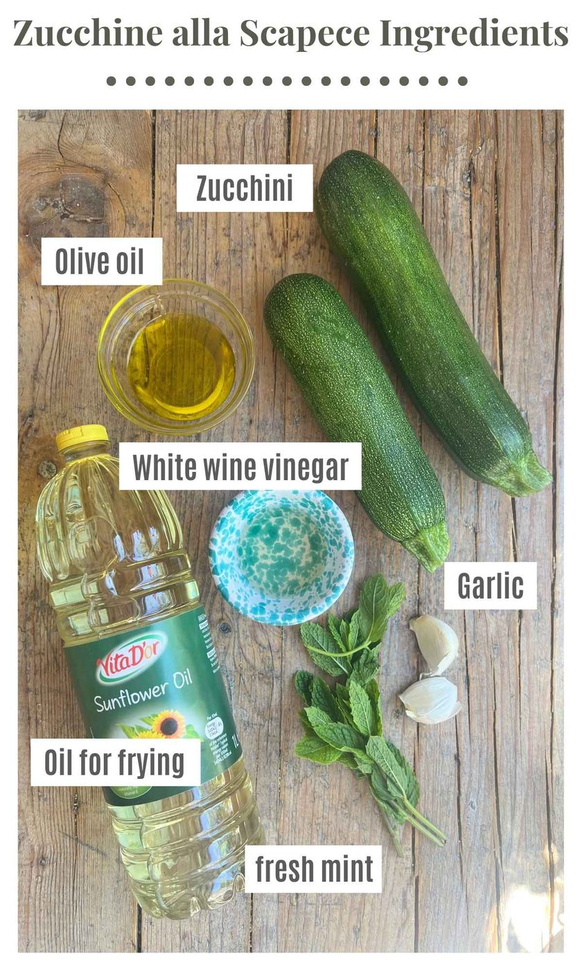An overhead shot of all the ingredients needed to make zucchine alla scapece on a wooden board.
