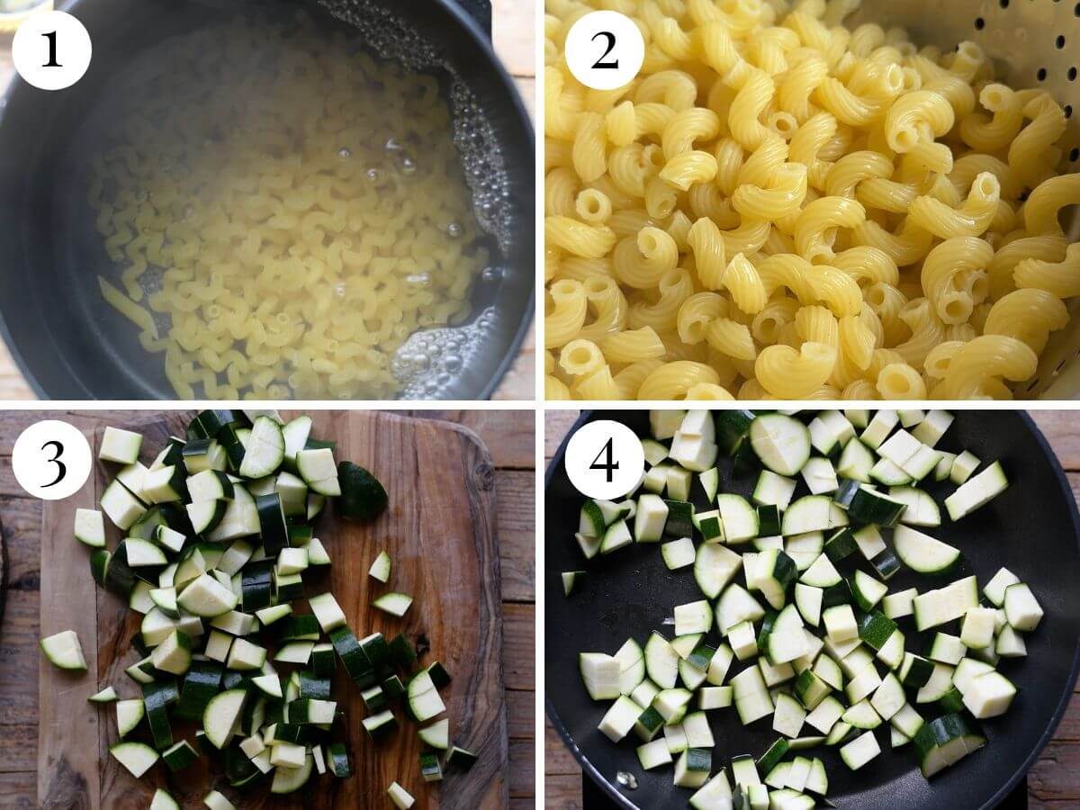 Four photos in a collage showing how to cook pasta and zucchini to make a pasta salad.