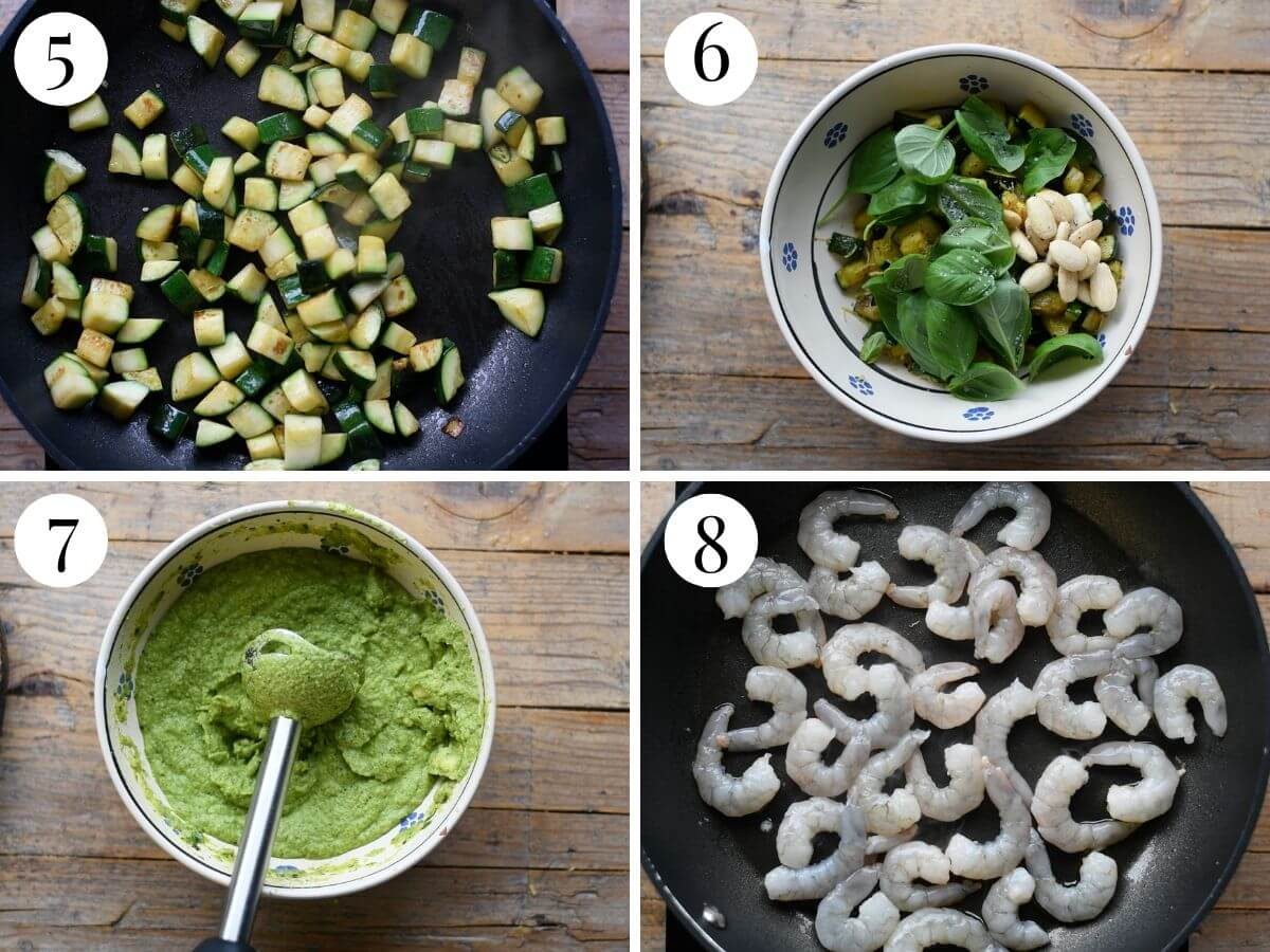 Four photos in a collage showing how to make a zucchini sauce and saute shrimp.