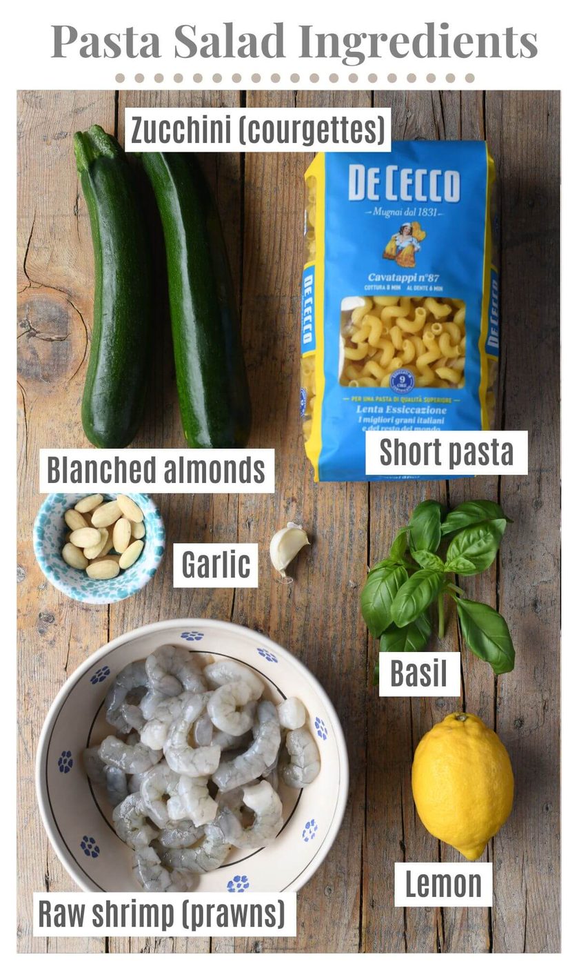 An overhead shot of all the ingredients needed to make a zucchini and shrimp pasta salad.