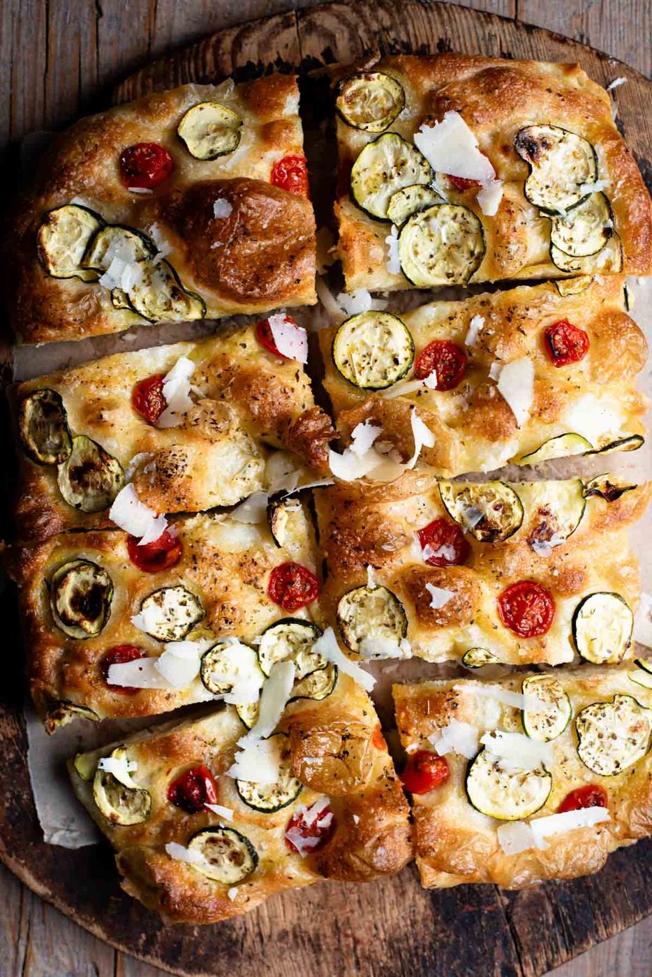 Zucchini Focaccia, plus Tomatoes and Pecorino