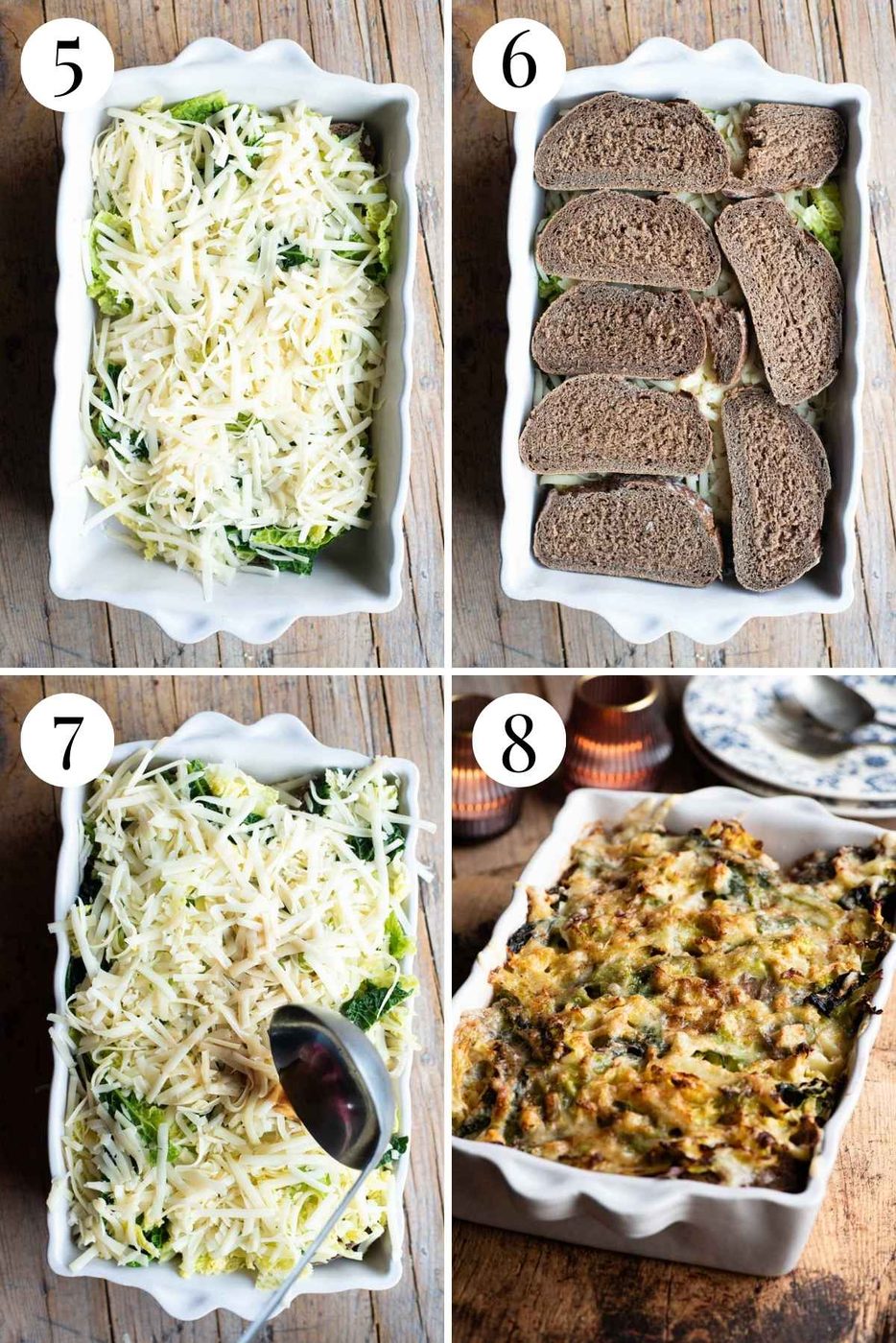 Four photos in a collage showing how to layer and bake zuppa valpellinese.