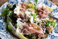 Prosciutto Farro Salad with Grilled Eggplant and Crisp Chicory