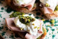 Creamy Burrata, Mortadella & Pistachio Crostini