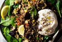 Decadent Lentil Salad with Roasted Eggplant and Creamy Burrata