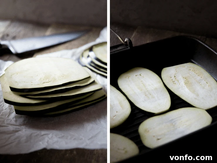 Image shows freshly sliced eggplant stacked, followed by eggplant slices being grilled on a hot griddle pan, creating char marks.