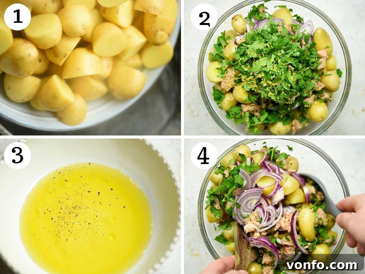 Vibrant Italian Tuna Potato Salad 4 Step-by-step photo showing potatoes boiling in a pot of salted water.
