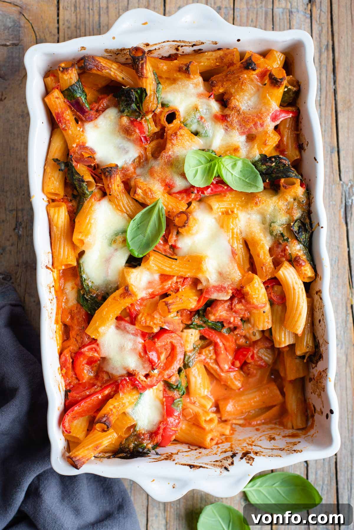 Veggie Lover's Baked Ziti 2 An overhead shot of vegetarian baked ziti in a casserole dish