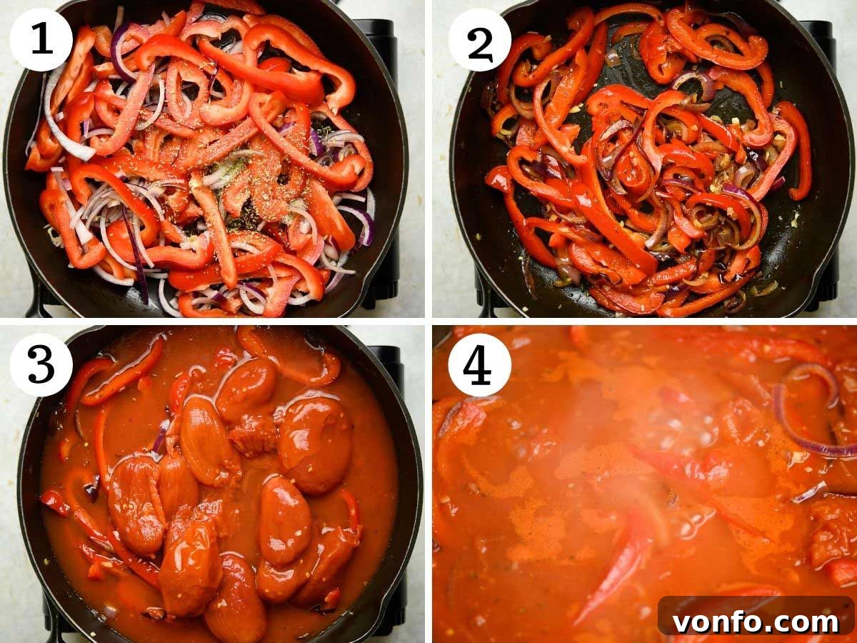 Veggie Lover's Baked Ziti 4 Step by step photos showing how to make a tomato pasta sauce with vegetables