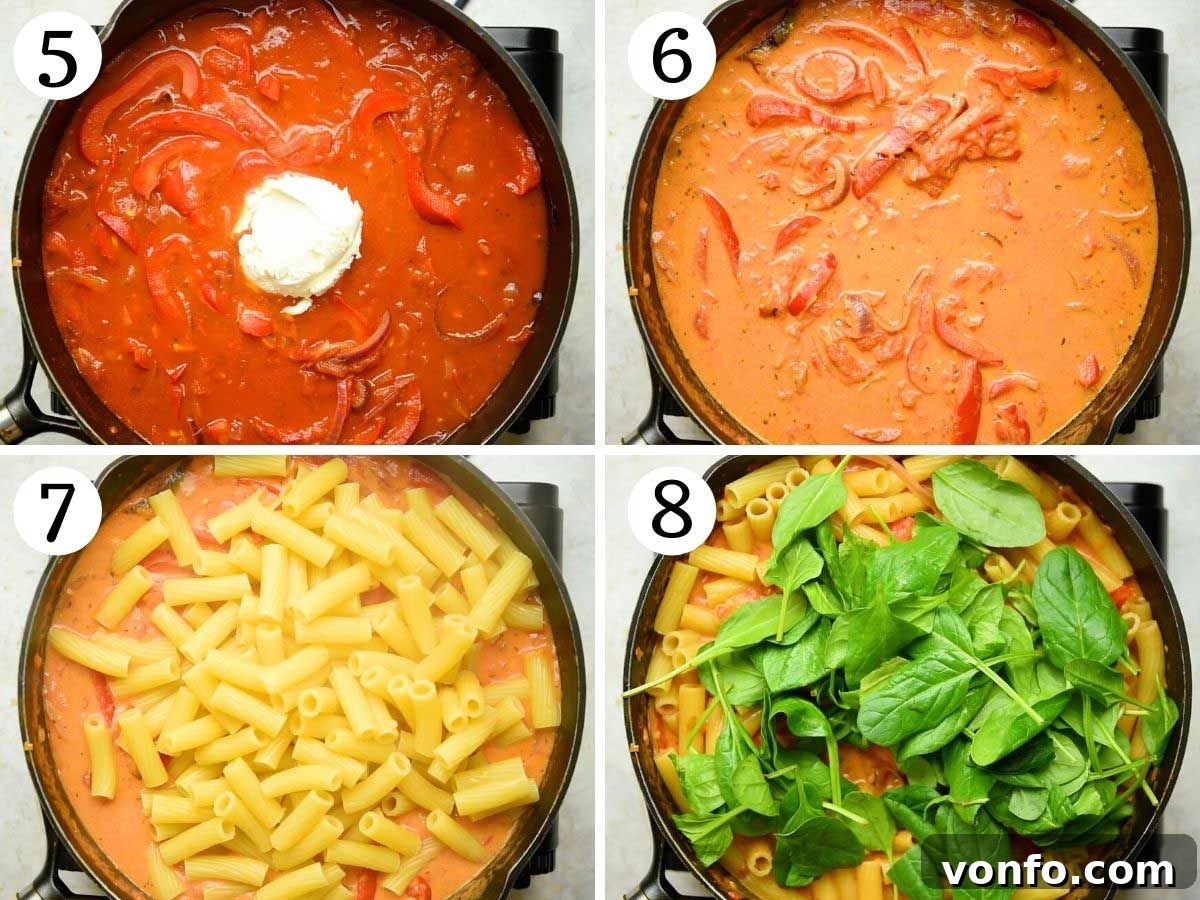 Veggie Lover's Baked Ziti 5 Step by step photos showing how to add pasta and spinach to a creamy pasta sauce