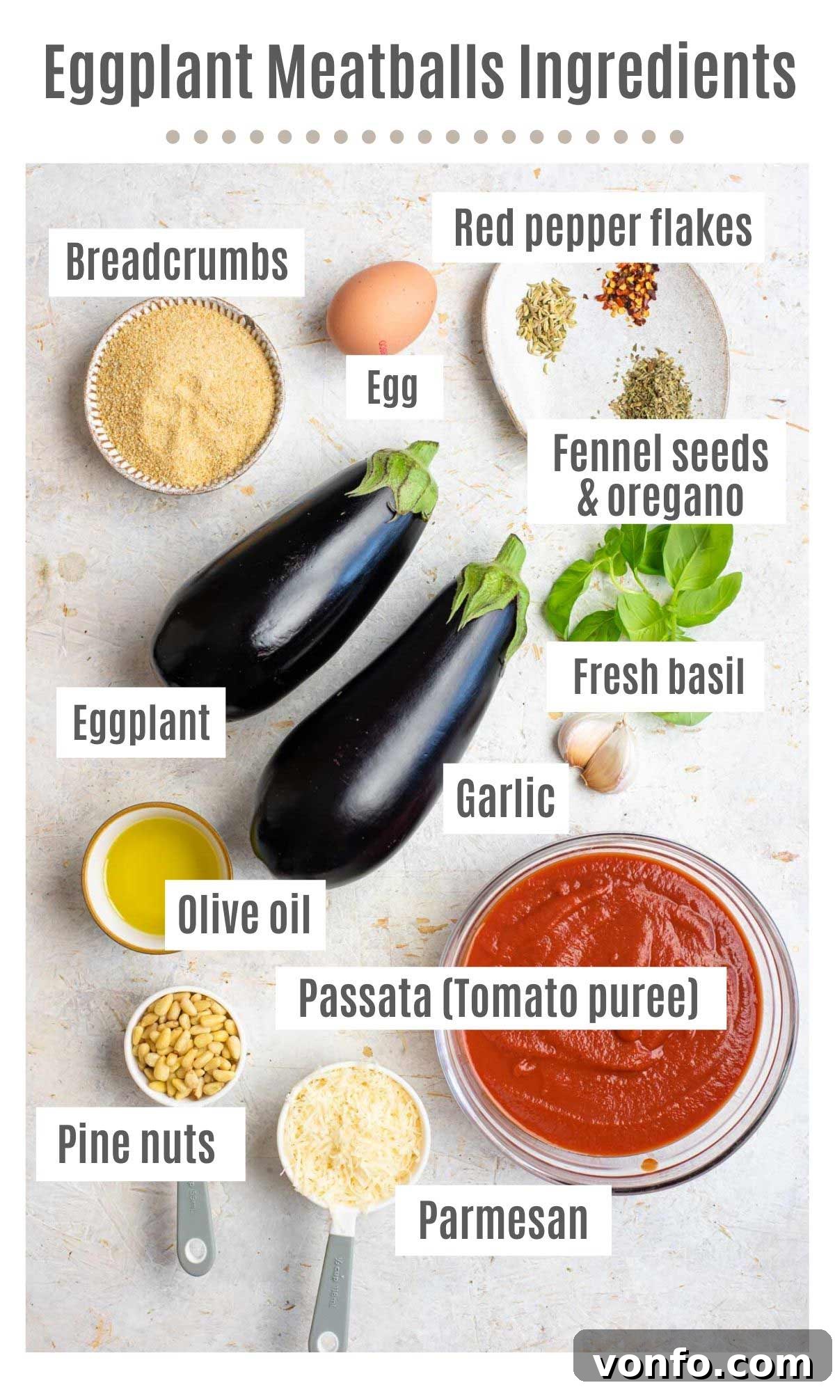 An overhead shot of all the fresh ingredients needed to make homemade eggplant meatballs and a simple tomato sauce, neatly arranged on a rustic kitchen surface.
