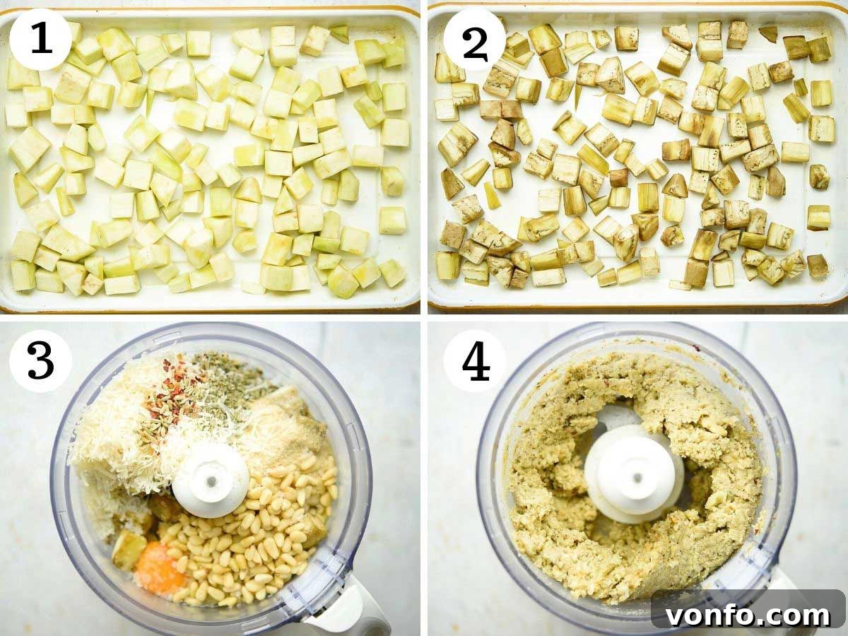 Step-by-step process of preparing eggplant for vegetarian meatballs, showing cubed roasted eggplant being blended with herbs, breadcrumbs, and cheese in a food processor.