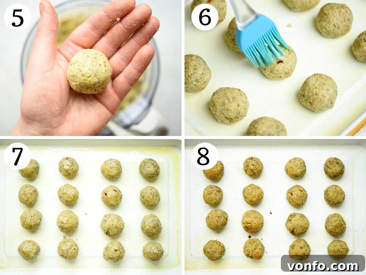 Close-up step-by-step photos demonstrating how to roll the eggplant mixture into perfectly round meatballs, ready for baking.