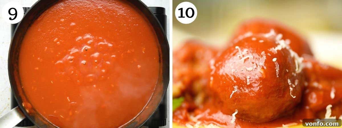 Step-by-step photos illustrating the preparation of a rich and simple tomato sauce, starting with sautéing garlic and adding passata, for serving with eggplant meatballs.