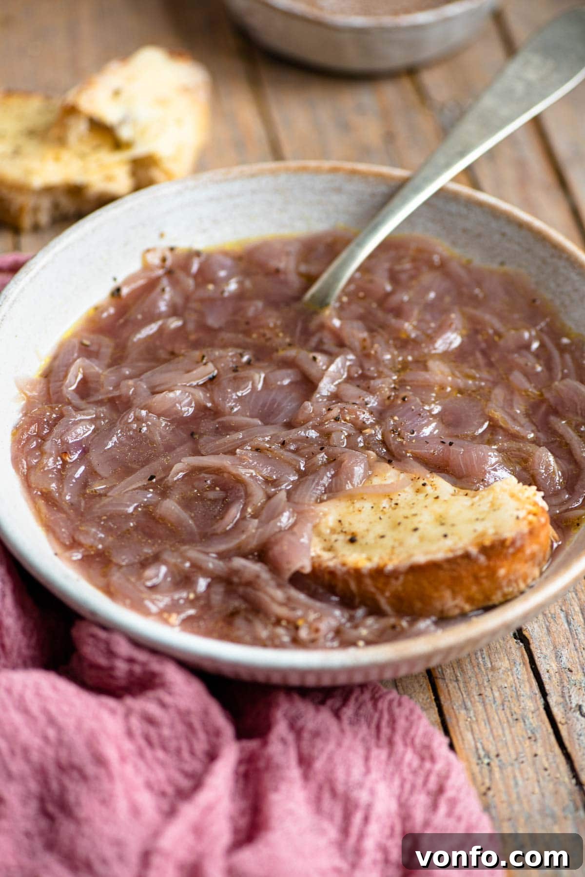 Carabaccia Rustic Tuscan Onion Soup 2 A generous bowl of rich Carabaccia onion soup, garnished with fresh herbs, with a golden-brown slice of cheesy toasted bread on the side, inviting a delightful dunk.