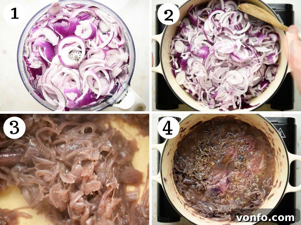 Carabaccia Rustic Tuscan Onion Soup 4 Step-by-step photos illustrating the meticulous process of slowly cooking red onions until they achieve a tender, translucent perfection, ready to form the base of the Carabaccia.