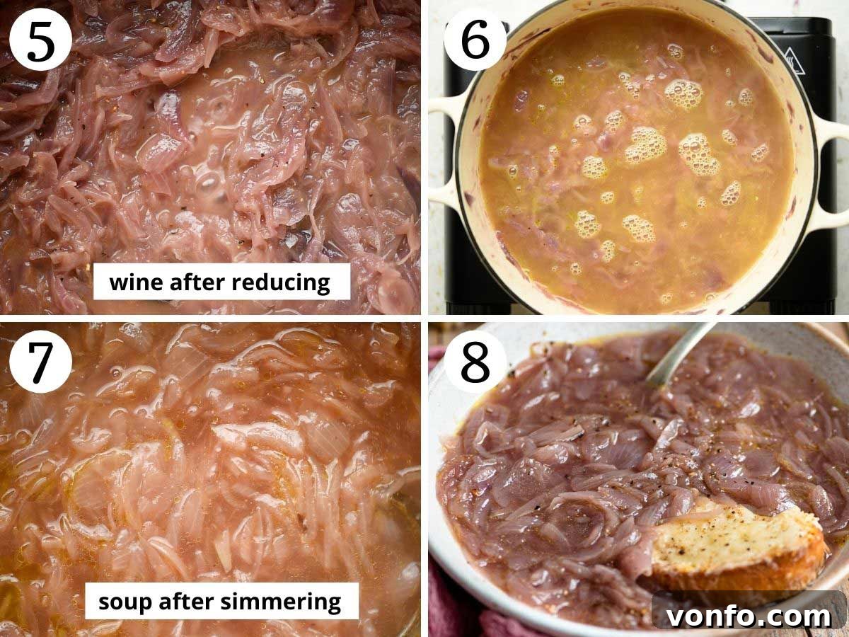 Carabaccia Rustic Tuscan Onion Soup 5 Step-by-step photos detailing the creation of Carabaccia soup, from adding stock and bay leaf to simmering, ensuring every stage is perfectly executed for an authentic Tuscan taste.
