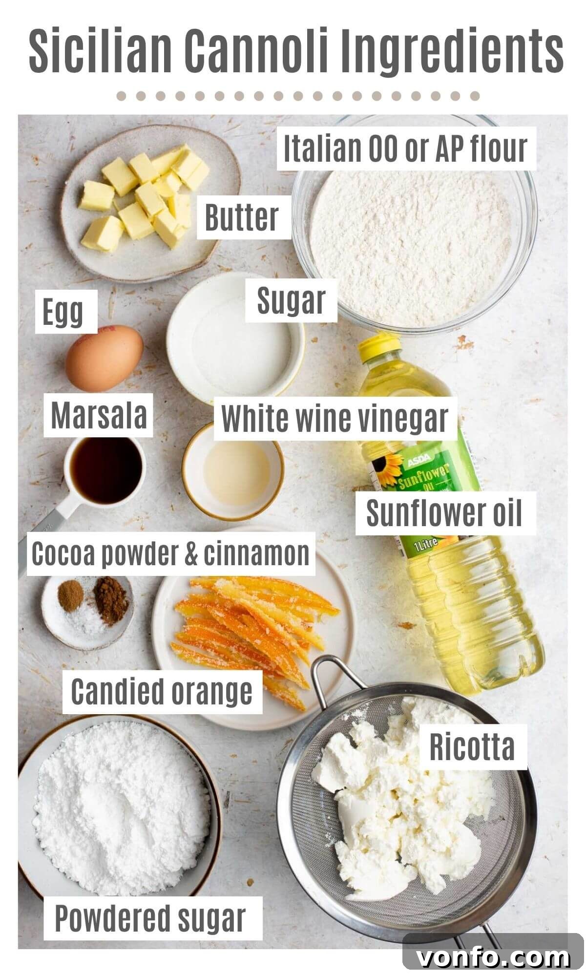 An overhead flat lay of all necessary ingredients laid out on a kitchen surface, including flour, sugar, butter, eggs, Marsala wine, ricotta cheese, and candied orange peel, for making homemade cannoli.