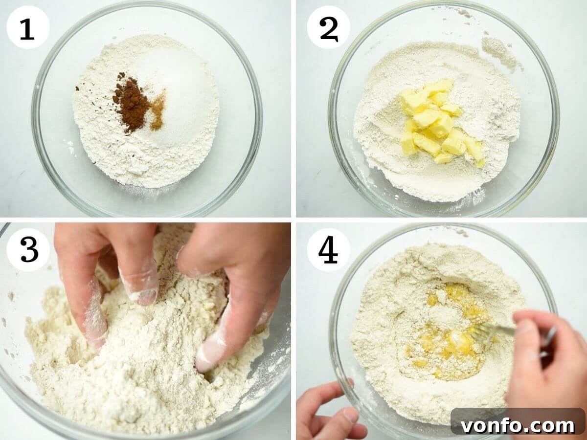 A series of three step-by-step photos illustrating the process of making cannoli dough: combining dry ingredients, adding cold butter, and working butter into flour until crumbly.