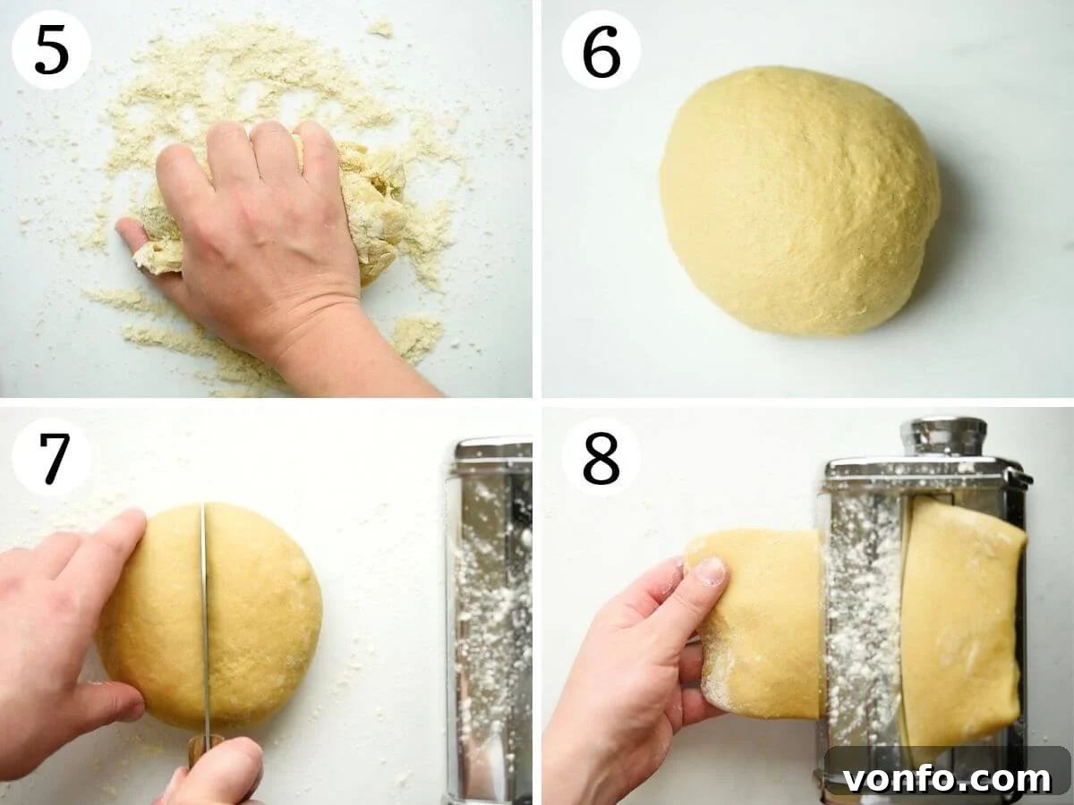 Two step-by-step photos showing the process of incorporating wet ingredients into the cannoli dough and then kneading it vigorously to develop gluten.