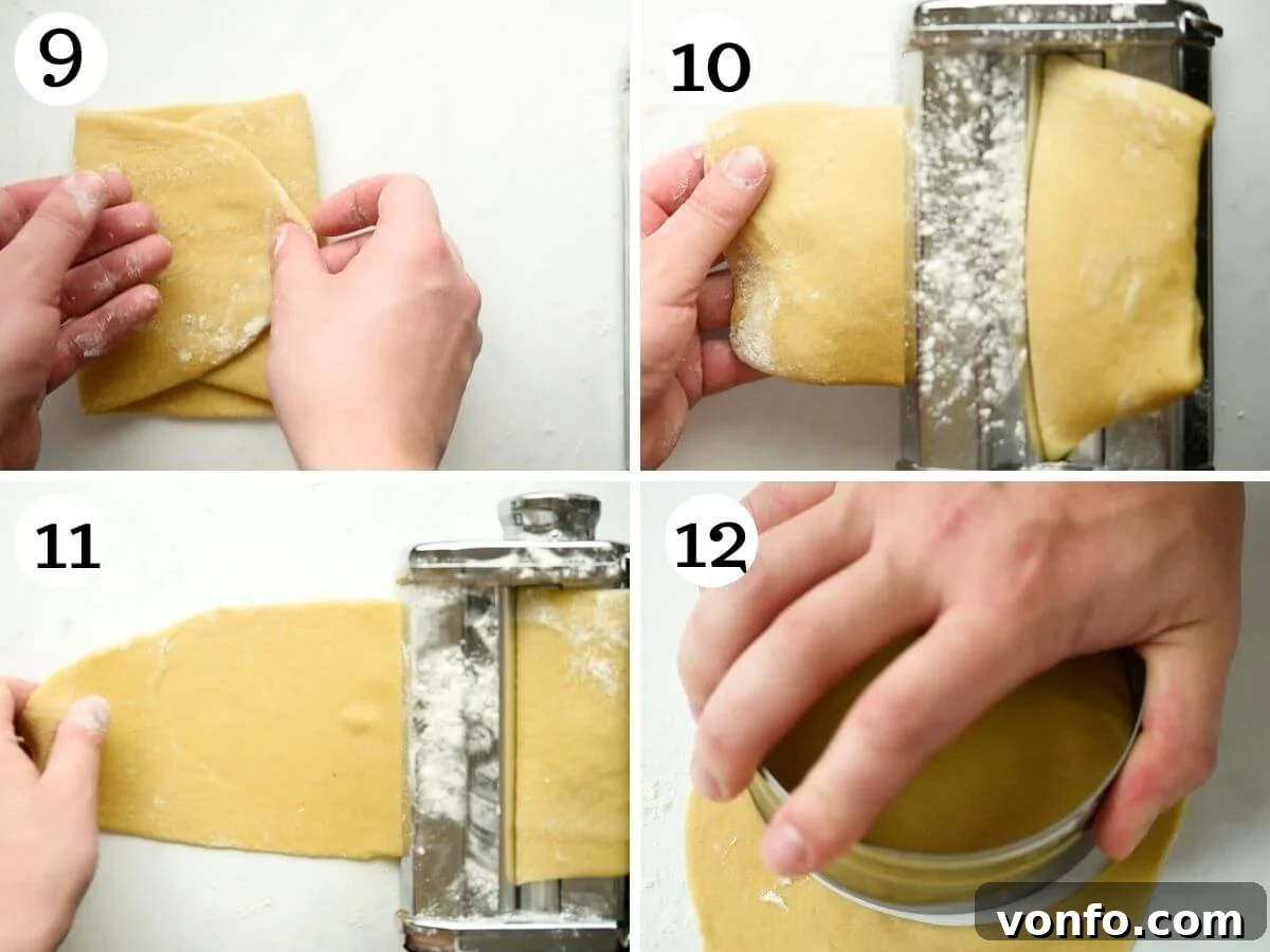 A series of step-by-step photos showing the process of rolling out cannoli dough using a pasta machine, including folding and passing through the widest setting.
