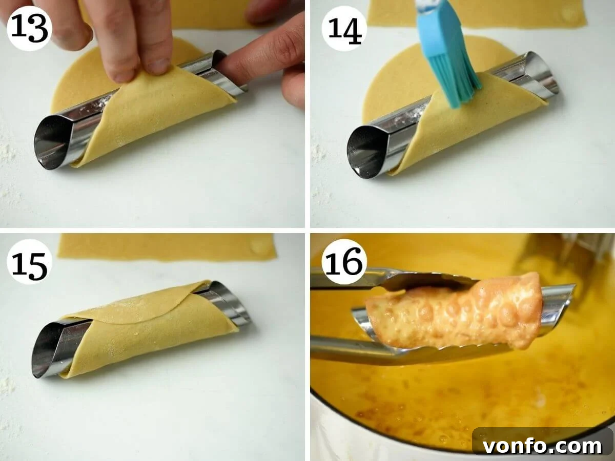 A series of step-by-step photos illustrating how to cut and shape cannoli dough around tubes, followed by images of the shells being fried in hot oil and then draining on paper towels.