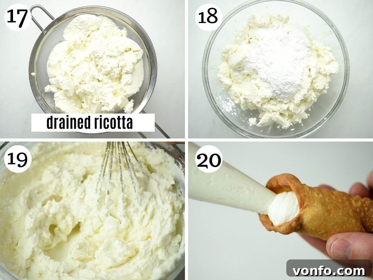 A series of step-by-step photos demonstrating the process of making cannoli filling by mixing drained ricotta with powdered sugar, and then piping the filling into the crispy cannoli shells.