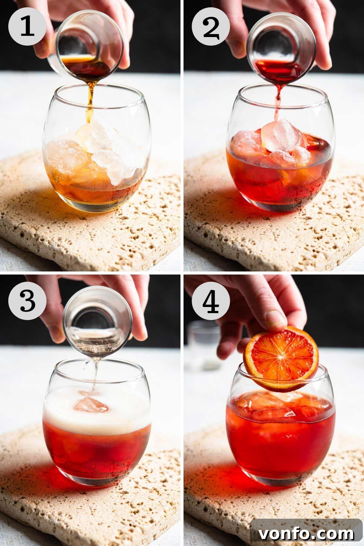 Step by step photos showing how to make a negroni sbagliato