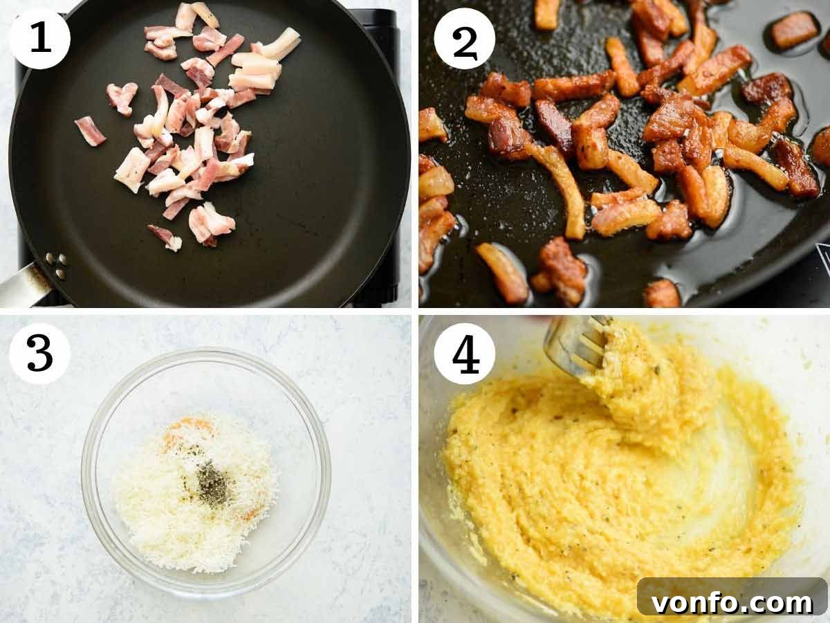 Pillowy Gnocchi Carbonara 4 Step-by-step photos showing the process of frying guanciale until crispy and preparing the smooth egg, Pecorino, and black pepper mixture for carbonara