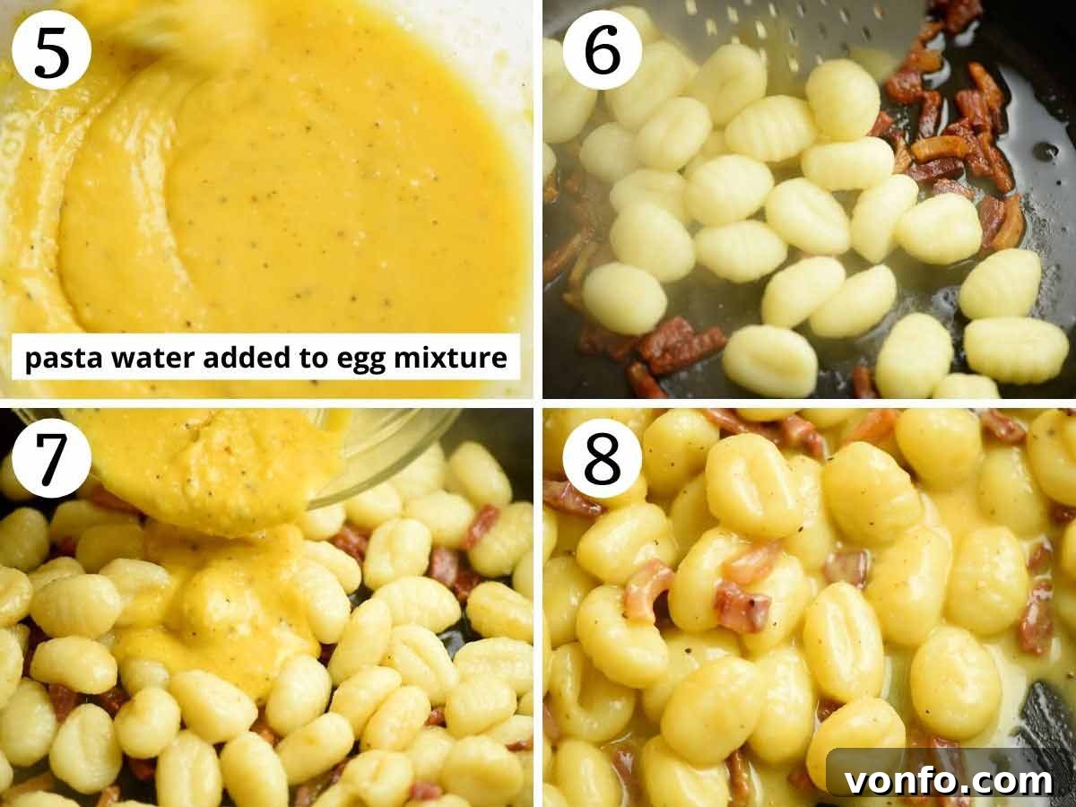 Pillowy Gnocchi Carbonara 5 Step-by-step photos illustrating the final stages of cooking gnocchi carbonara, including combining gnocchi with guanciale and then tossing with the egg sauce