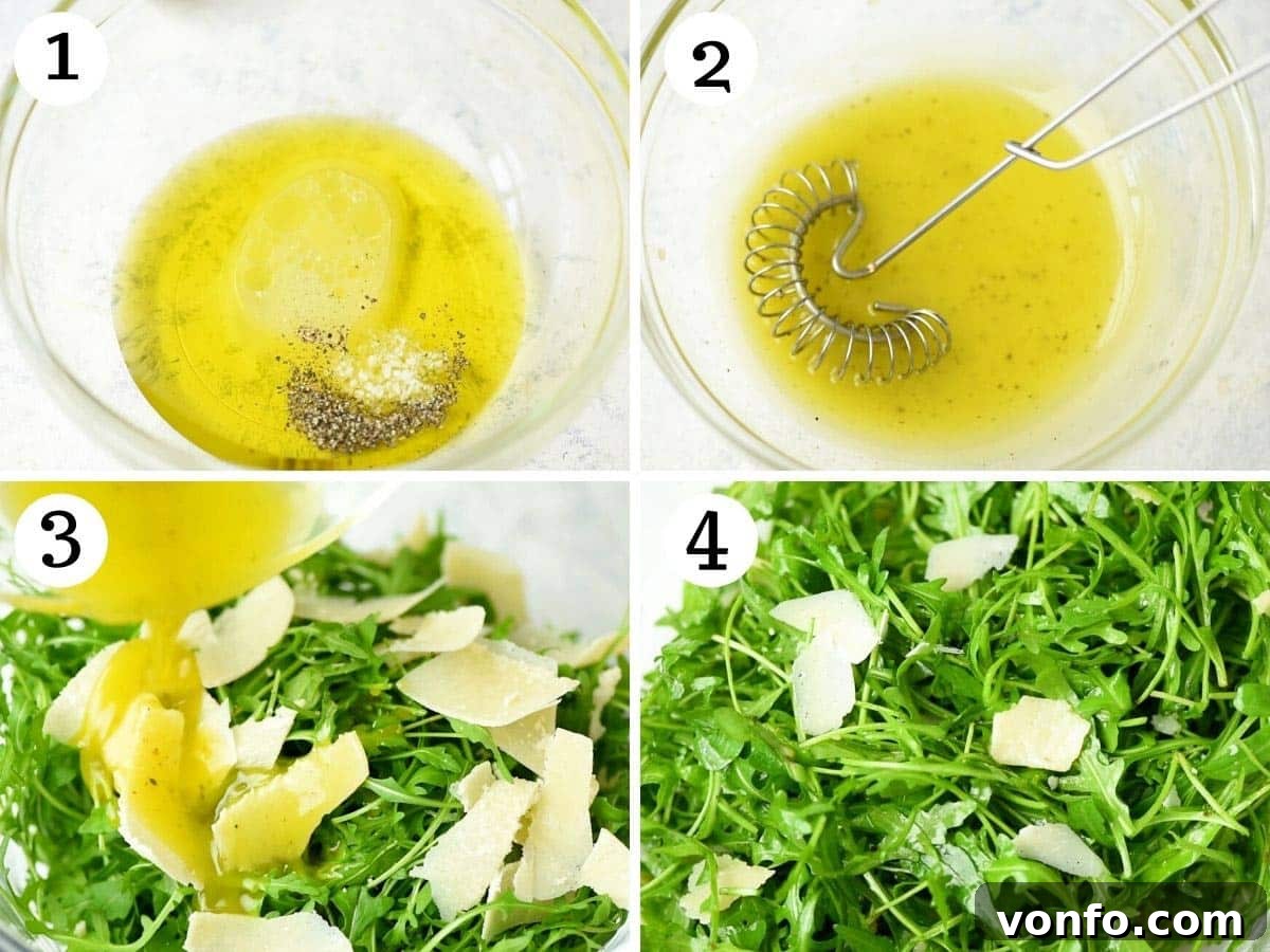 A series of four step-by-step photos illustrating the preparation of an arugula salad: 1) Arugula and Parmesan in a bowl. 2) Dressing ingredients (lemon juice, olive oil, salt) in a small bowl. 3) Dressing being poured over the salad. 4) The finished, tossed salad with black pepper.